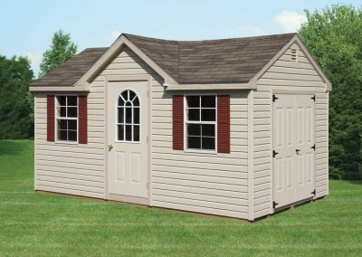 Almond Chalet Shed with Maroon Shutters