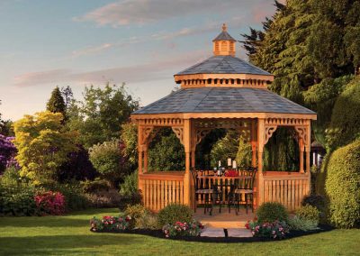 Cedar Gazebo with Small Bistro Dining Set for Luxurious Picnics and Entertaining