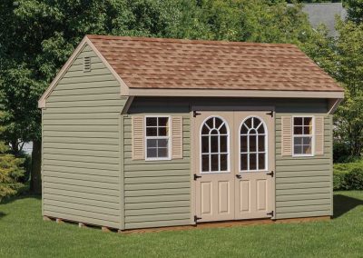 Olive Green Quaker Style Shed in Backyard