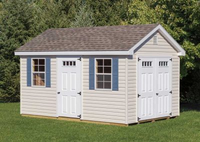 Pearl Cottage Style Shed with Blue Shutters and White Doors